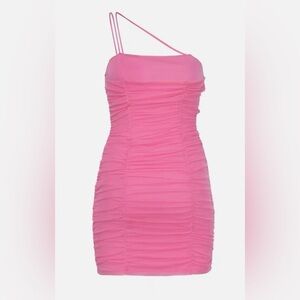Pink Ruched Mini Dress with Asymmetrical Straps